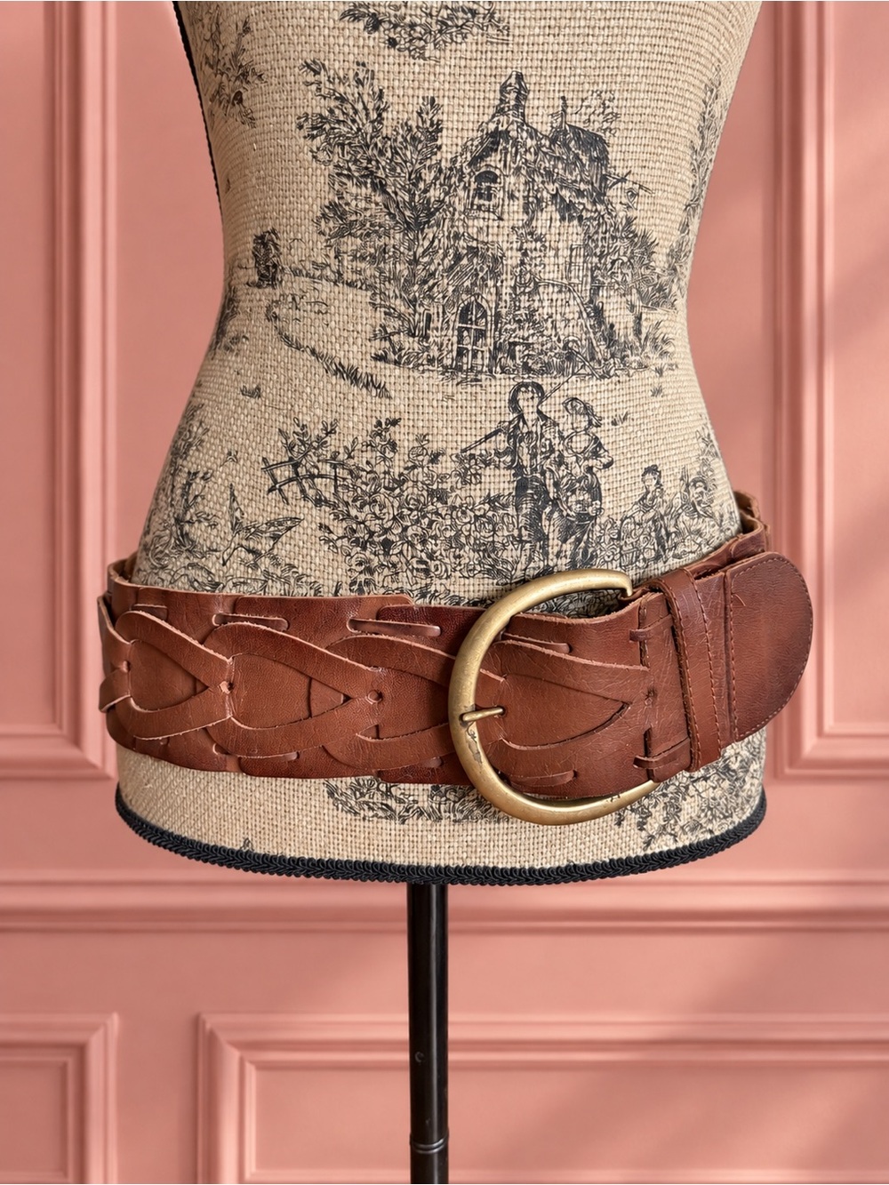 Wide Brown Braided Leather Waist Belt with Brass Buckle
